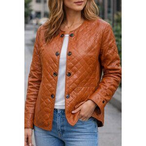 Marla Wynne Collection Womens Quilted Faux Leather Jacket Brown Button Up